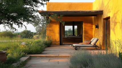 A yellow stucco home with a patio and a view of the countryside.