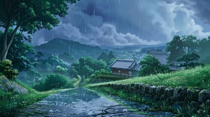Illustration in anime style: natural landscape in the evening in rainy weather. wet road with puddles, small houses. AI generation
