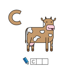 Alphabet with cute cartoon animals isolated on white background. Learning to write game for children education. Vector illustration of cow and letter C