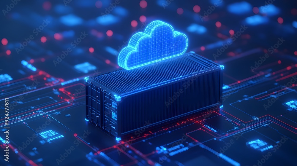 Poster 3d cloud storage represented by a glowing blue cloud icon over a server, illustrating data storage t