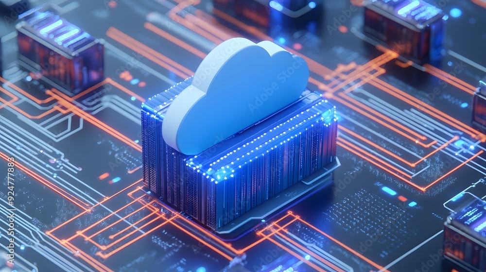 Poster 3d cloud symbol on a digital circuit board, representing cloud computing, data storage, and online t