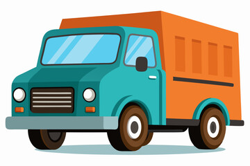 Vintage teal and orange delivery truck with a white background