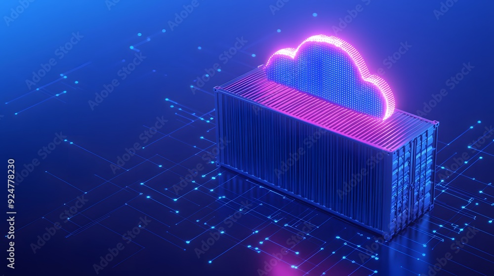 Poster 3d illustration of a cloud computing concept with a glowing cloud symbol and a digital container on 