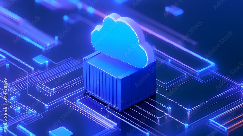 Poster 3d illustration of a cloud computing concept with a glowing cloud symbol on top of a blue container,