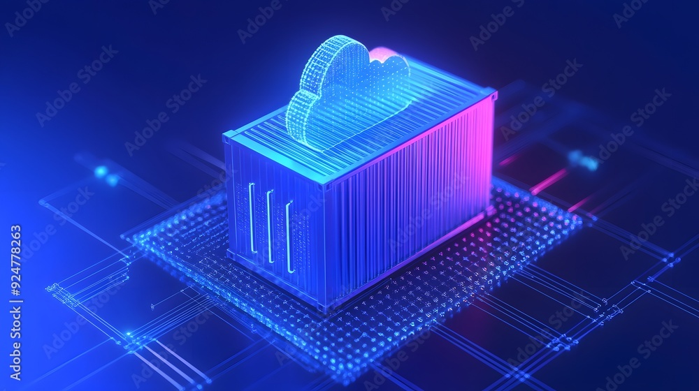 Poster 3d illustration of a cloud computing container surrounded by digital circuits, representing modern d