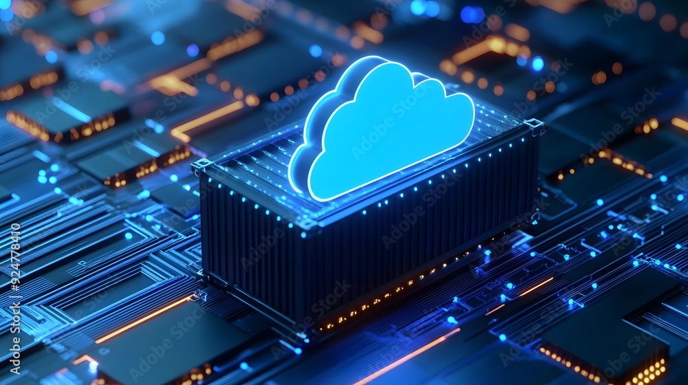 Poster 3d illustration of a cloud symbol on top of computer circuitry, representing cloud computing and tec