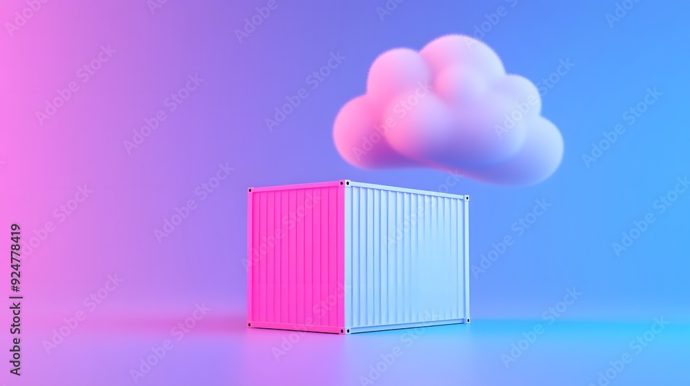 Poster 3D illustration of a container and cloud on a colorful gradient background, representing cloud computing and data storage technology.