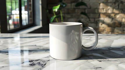 A plain white coffee mug on a marble countertop, ready for logo placement