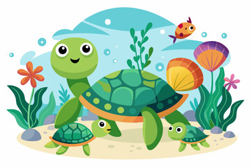 Happy Family of Sea Turtles Swimming in the Ocean