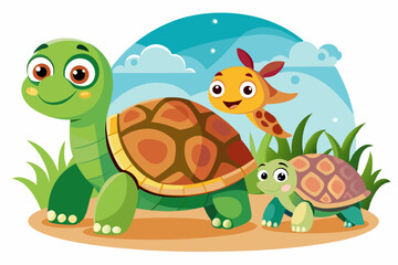 Obraz premium Cartoon turtles and a fish in a grassy area with a blue sky