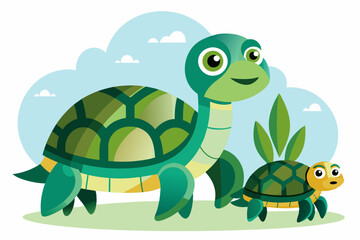 Obraz premium Cartoon illustration of a green turtle and its baby with a blue sky and white clouds