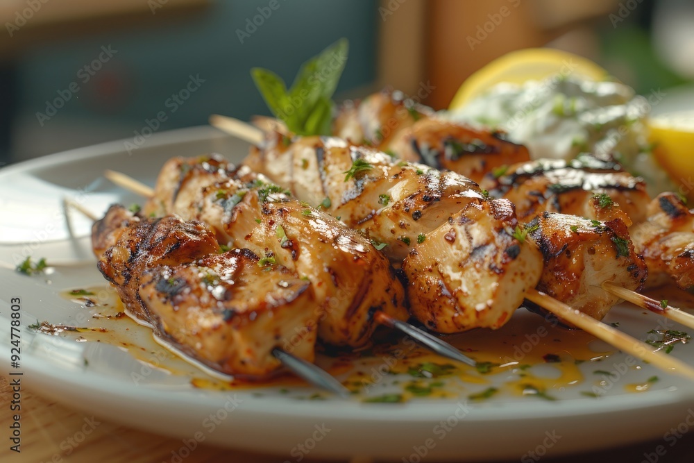 Wall mural Grilled chicken skewers served on a plate with herbs and lemon.