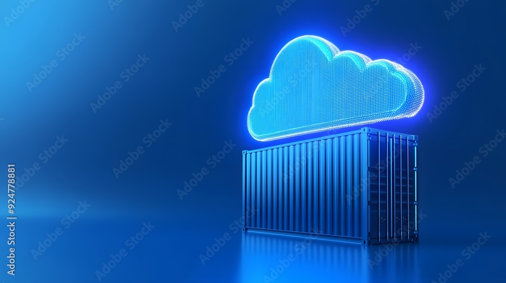 Aufkleber 3d illustration of a glowing cloud on a container, symbolizing cloud computing and technology. blue 