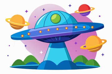 Cartoon Spaceship Landing on a Planet with Rings