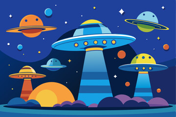Colorful Flying Saucers Over a Night Sky With Planets and Stars