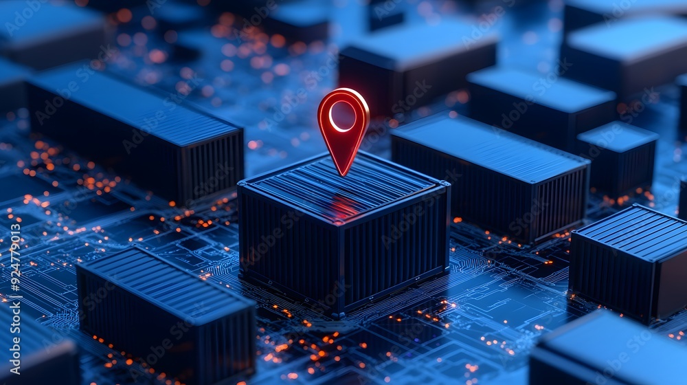 Poster 3d illustration of a gps navigation pin on a data center server, symbolizing location tracking in a 