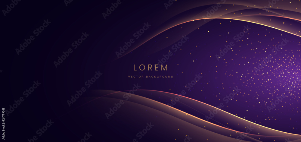 Poster luxury curve golden lines on dark purple background with lighting effect copy space for text.
