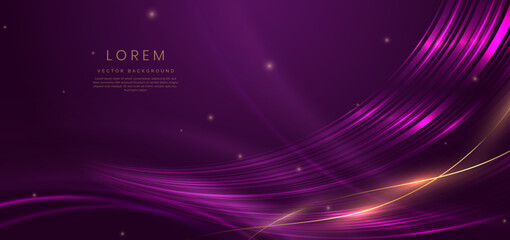 Luxury dark purple background with gold line curved and lighting effect sparkle.