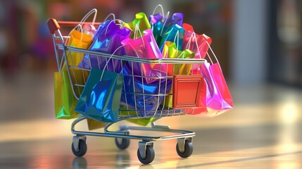 A shopping cart rendered in translucent material filled with vibrant, multicolored present bags, creating a playful and inviting visual.