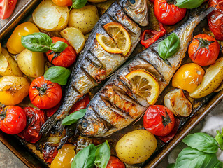 Grilled Fish with Lemon and Vegetables.
