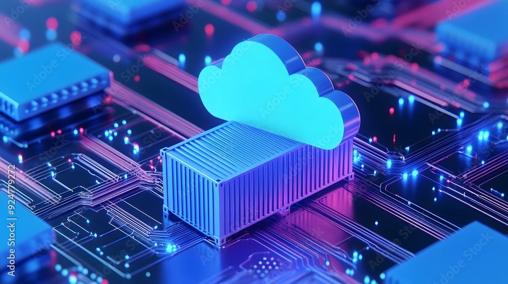 Poster 3d illustration of cloud computing concepts with futuristic technology, containers, and server hardw