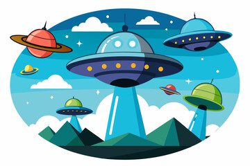 Multiple Flying Saucers in a Blue Sky with Green Mountains Below