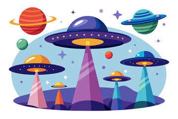 Five UFOs Hovering Over a Colorful Planet With Rings