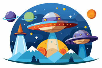 Naklejka premium Two Flying Saucers Over Snowy Mountains in Outer Space