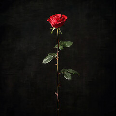 Single Red Rose on Black Background.