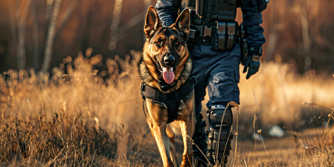 A German Shepherd police dog and its officer walk through a grassy field.