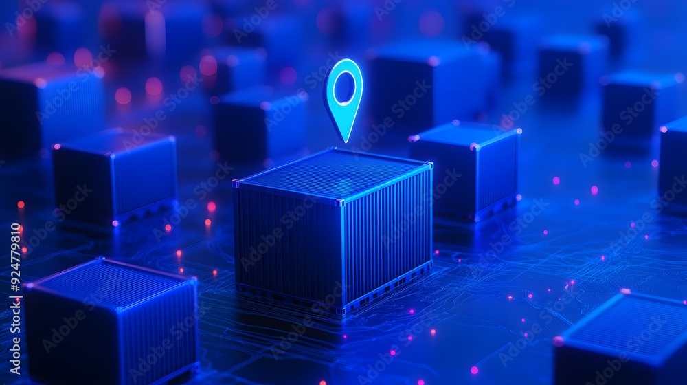 Poster 3d illustration of gps navigation system with a location pin on a digital grid. concept of technolog