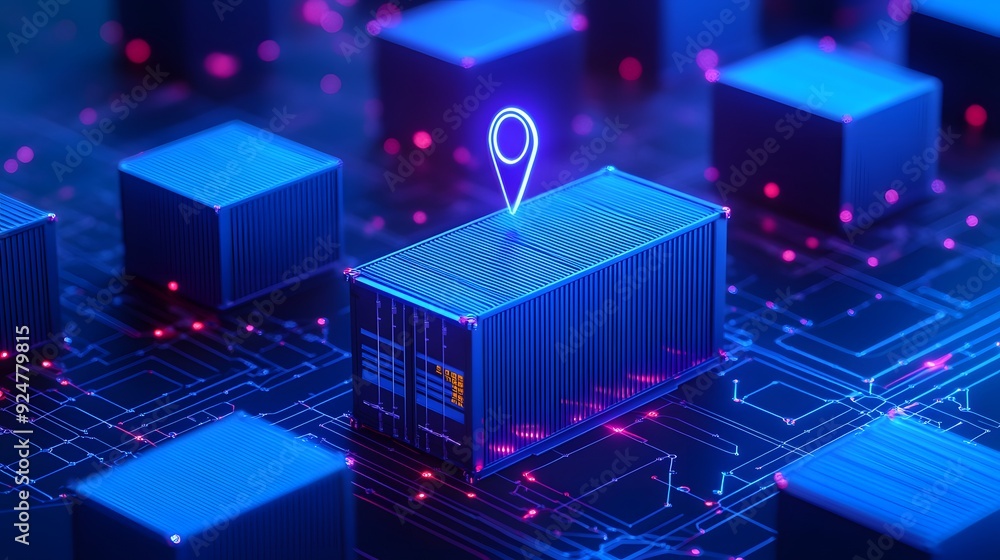 Poster 3d illustration of logistics and transportation concept with a shipping container on a digital map i