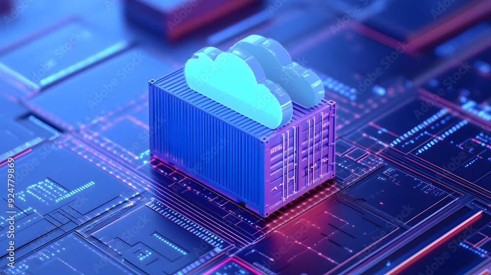 Poster 3d render of a blue shipping container with a cloud icon, representing cloud computing and data stor