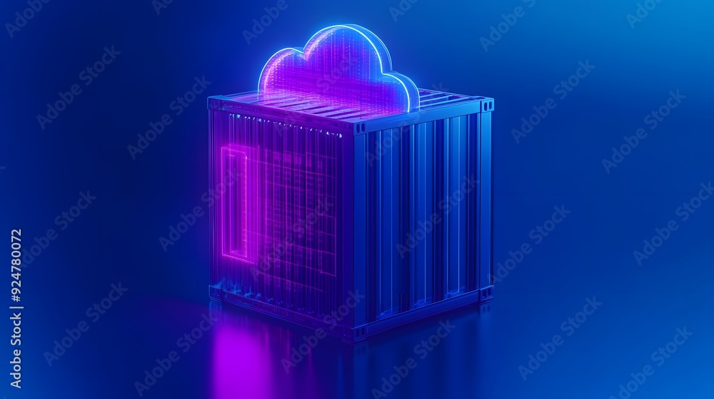 Poster 3d render of a futuristic cloud storage container with neon lights, representing modern data storage