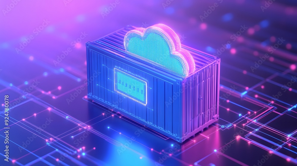 Poster 3d render of a neon cloud container representing cloud computing and data storage on a futuristic di