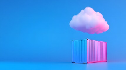 3D render of a pastel-colored cloud hovering above a neon-lit shipping container on a blue background, symbolizing cloud storage concept.