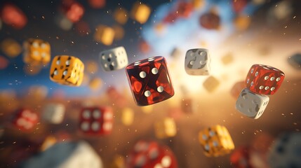 A top-down perspective of a dice set in mid-air, capturing the suspense and excitement of a dice throw.