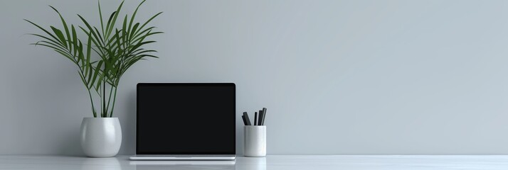 A sleek, minimalist desk arrangement with a laptop, black pens in a holder, and a lush green plant, set against a light gray background.