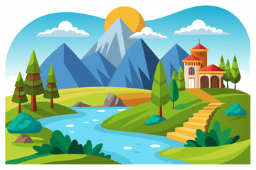 Fototapeta premium Picturesque Mountain Landscape with a River and a Building