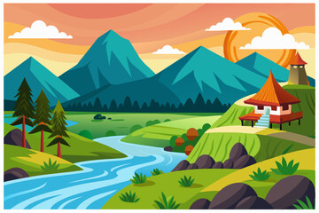Scenic Mountain Landscape with River, House, and Sunset