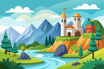 Naklejka premium Majestic Castle Perched on a Cliff Overlooking a Serene River and Mountain Range