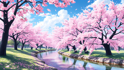 Sakura anime style landscape in spring with cherry trees in full bloom. pink petals gradually falling to the ground  A clear, gently flowing river flows along the park. Reflecting the blooming flowers
