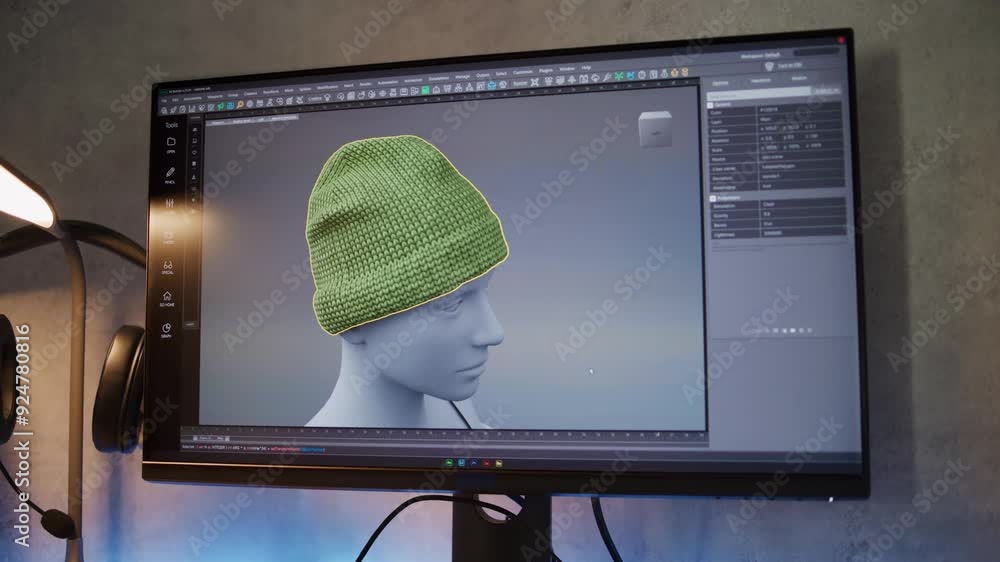 Poster Interface of professional 3D modeling or design software displayed on the computer monitor. Unrecognizable 3D designer creates and draws clothes using PC, works at home on freelance project.