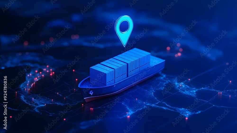 Poster a cargo ship is tracked using a digital gps location pin on an abstract map backdrop, representing g