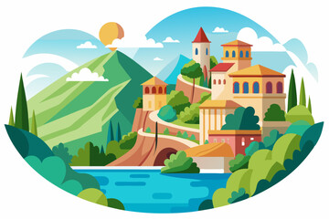 A picturesque village nestled amidst rolling hills and a tranquil lake