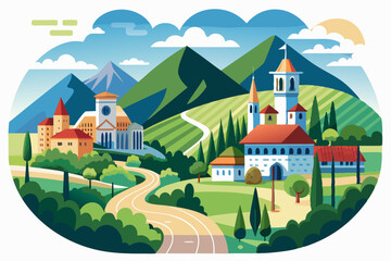 Naklejka premium A winding road leads to a village nestled in green hills
