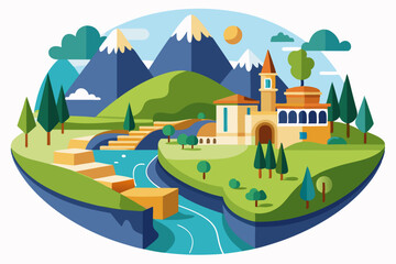 Mountainous Landscape with a Medieval Style Building and a Winding River