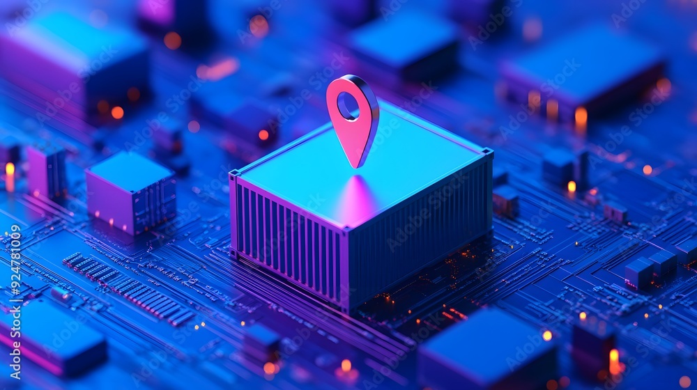 Poster a close-up image of a blue circuit board with a location pin marker, representing technology and dat