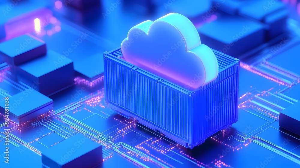 Poster a conceptual image illustrating cloud computing technology with a cloud icon integrated into a micro
