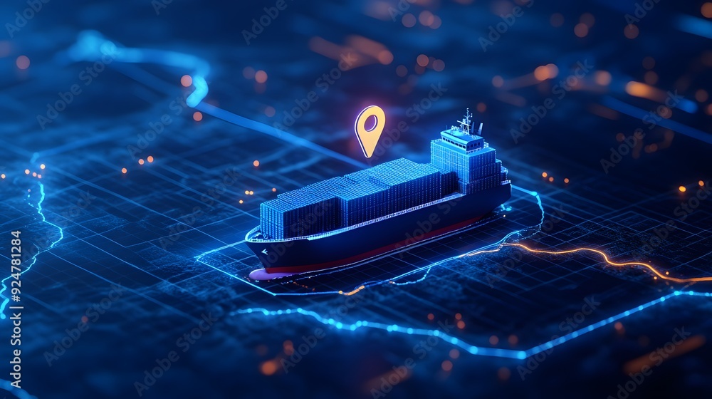 Poster a digital representation of a cargo ship on a virtual map with a location pin, signifying global shi